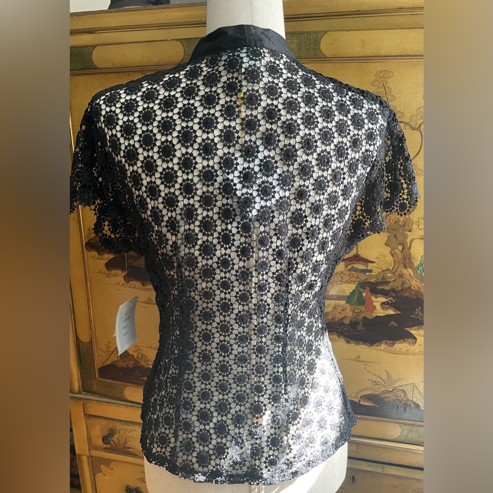 TRACY REESE Black Lace Blouse with Silk Bow Detail Flutter Sleeves VTG Y2K 4 NEW - Picture 6 of 7